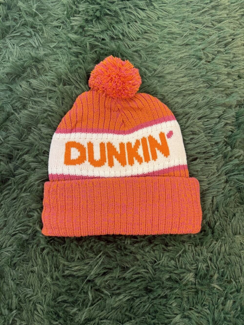 Dunkin' Orange Pink White Knit Beanie Hat with Pom Pom Winter Cap